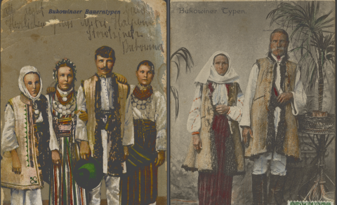 Postkarte, sechs Personen, als Bukowiner Bauerntypen oder Bukowiner Typen bezeichnet